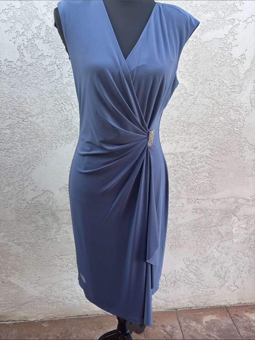American Living Slate Blue Draped V‑Neck Midi Dress with Rhinestone Accent